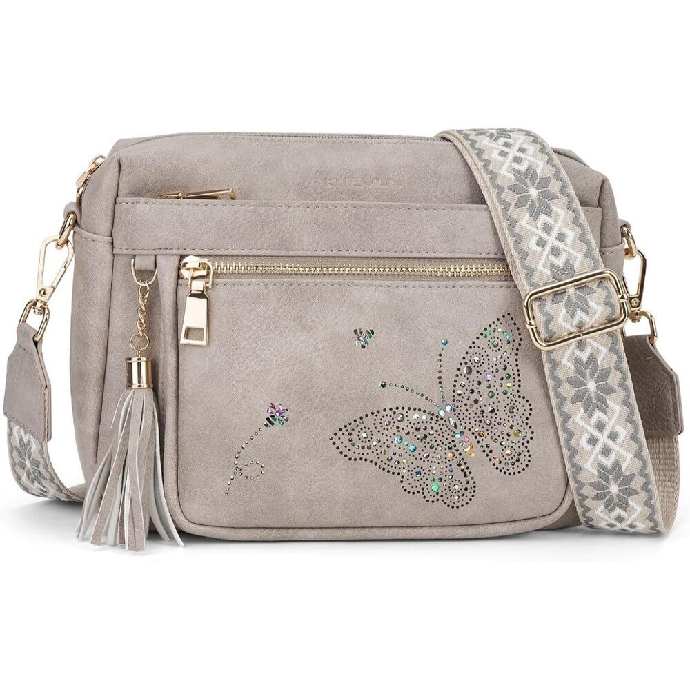 Women’s 05-Grey Leather Purse Crossbody Bag Handbags Butterfly Design